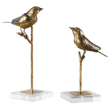 2-Piece Gold Bronze Bird on Branch Sculpture Set, Crystal Cottage Brass Iron Sta