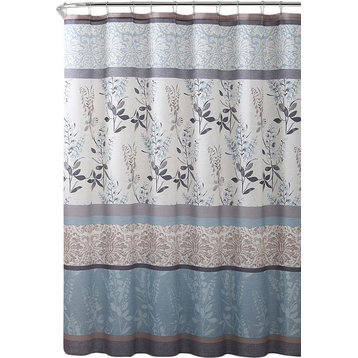 Ashley Blue Beige Fabric Shower Curtain: Contemporary Floral Bordered Design, Bl
