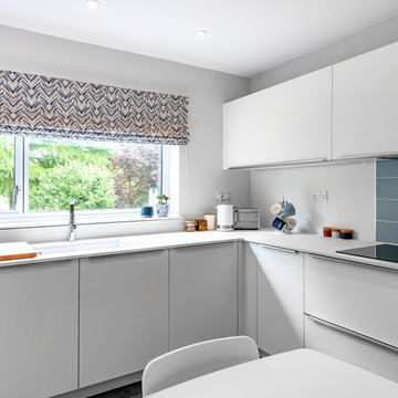 Bright white family kitchen with a touch of blue