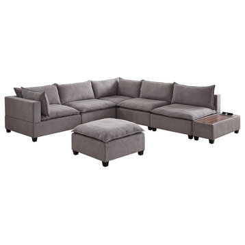 Madison Down Feather Sectional Sofa, Ottoman and USB Storage Console Table, Ligh
