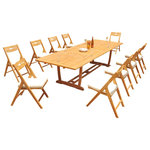 Teak Deals - 11-Piece Outdoor Teak Dining: 117" Masc Rectangle Table, 10 Surf Folding Chairs - Set includes: 117" Double Extension Rectangle Dining Table and 10 Folding Arm Chairs.