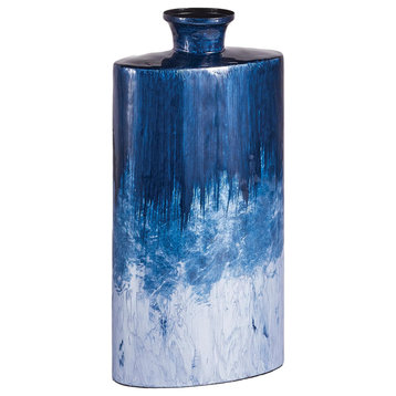 Enameled Modern Blue Iron Flat Flask Vase Ombre Bottle 15in Contemporary Coastal