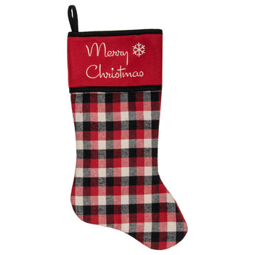 20.5" Red  Black  and White Plaid Christmas Stocking With Fleece Cuff