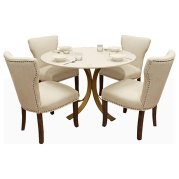 Haskell Dining Set With 48" Round Marble Top Table & 4 Ivory Weave Chairs