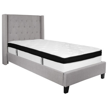 Twin Size Tufted Platform Bed in Light Gray Fabric with Memory Foam Mattress
