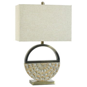 Grifo Gold Table Lamp Champagne and Brushed Brown Carved Body Oatmeal Shade
