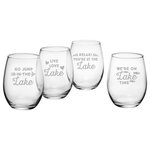 Susquehana Glass Company - Lake Talk 4-Piece Stemless Wine Glass Set - Designed with relaxation in mind, these Lake Talk stemless wine glasses are an everyday reminder that life is better on the waterfront. Each 21-ounce stemless tumbler in this set of four is deeply sand etched with a different typographic lake-themed design. They're perfect for use in everyday homes and lakefront lodgings. With a different design on each glass, everyone will know whose glass belongs to whom. Made and decorated in the USA