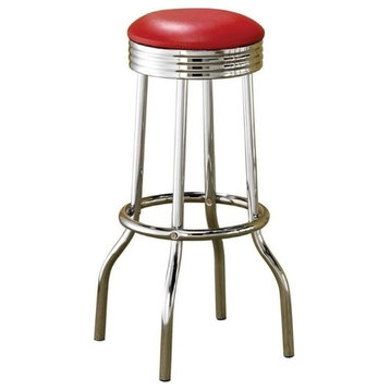 Bowery Hill 30" Metal-Faux Leather Round Bar Stool in Red-Chrome