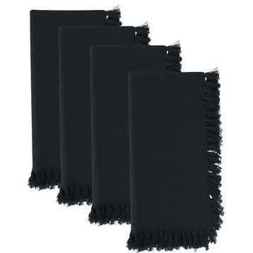 Table Napkins With Fringed Design (Set of 4), Black, 20"x20"