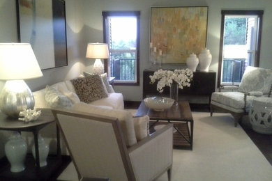 Transitional dark wood floor living room photo in Cedar Rapids with gray walls and no tv