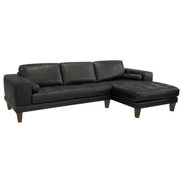 Wynne Contemporary Sectional, Genuine Black Leather With Brown Wood Legs