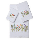 Linum Home Textiles - Linum Home Textiles Serenity 3-Piece Embellished Towel Set, White - The SERENITY Embellished Towel Collection features an intricate wildflower embroidery motif on a textured woven border. These soft and luxurious towels are made of 100% premium Turkish Cotton and offer lasting absorbency and superior durability. These lavish Turkish cotton towels are produced in Linum's state-of-the-art vertically integrated green factory in Turkey, which runs on 100% solar energy.