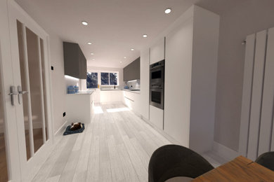 This is an example of a large contemporary grey and white l-shaped kitchen/diner in Other with a built-in sink, flat-panel cabinets, white cabinets, quartz worktops, white splashback, engineered quartz splashback, black appliances, vinyl flooring, no island, grey floors, white worktops and feature lighting.