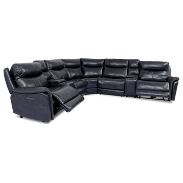 Furniture of America Crawe Transitional Leather Reclining Sectional in Dark Navy