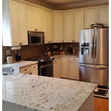 Arnold White Painted Kitchen Cabinets with Pinstripe