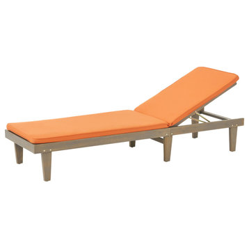 Yvette Outdoor Acacia Wood Chaise Lounge and Cushion Set, Gray/Rust Orange