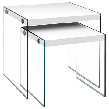 35.5" Glossy White Particle Board and Clear Glass Two Pieces Nesting Table Set