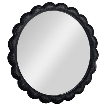 Round Scalloped Distressed Wood Wall Mirror, Black