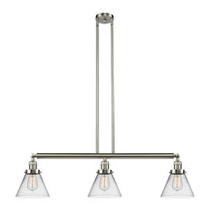 Large Cone 3-Light Island Light, Clear Glass, Satin Brush Nickel