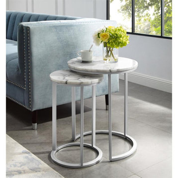 Posh Living Kero Round Marble Top Nesting End Table in Silver