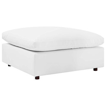 Modern Ottoman, Overstuffed Design With Vegan Leather Padded Seat, White
