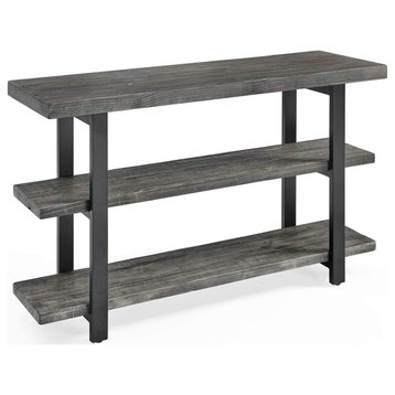 Industrial Console Table, Reclaimed Wood Top and 2 Open Shelves, Slate Gray