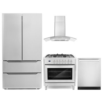 4-Piece, 36" Range, Wall Mount Range Hood, 24" Dishwasher and Refrigerator
