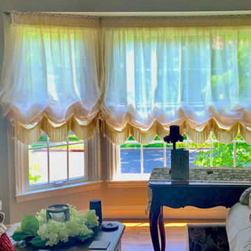 Shirred Balloon Shades with Ivory Bullion Fringe in Sheer Silky Fabric in Living