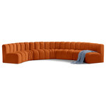 Meridian Furniture - Arc Velvet Upholstered 7-Pc. U-Shaped Modular Sectional, Cognac - Give your living room or den the perfect blend of style and versatility with this Arc velvet fabric curved modular Sectional. Part of the Arc modular furniture collection, this Sectional comes upholstered in rich cognac velvet fabric and features deep channel tufting that adds a touch of luxury while enhancing comfort and support. A seamless combination of form and function, this chair can be used with other Arc pieces to create a myriad of configurations in your well-curated room.