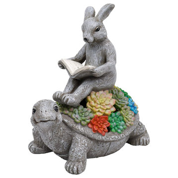 Rabbit on Turtle Garden Statue and Sculpture with Solar Lights