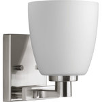 Progress Lighting - Fleet 1-Light Bath Light, Brushed Nickel - The one-light bath fixture emulates European faucet designs. Fleet is compromised of a distinct die cast arm and cup and highlighted by etched opal glass.