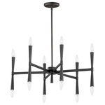 Maxim - Rome 12 Light Chandelier - Civic styling using straight rectilinear channels radiating from a central connector. The light sources flare out both up and down with tapered candle covers creating a form evocative of a classic torch. Available in matte Black Satin Brass and Satin Nickel this is a transitional look suited to a variety of architectural stylings.