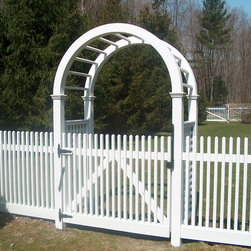 Stained Arbor with square lattice sides and Cape Cod fence - Home Fencing And Gates