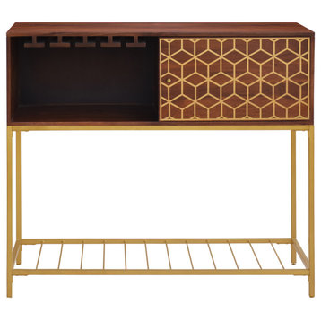 Benzara UPT-276809 Wood Bar Cabinet, Metal Frame, Screen Print, Brown, Brass