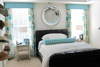 Inspiration for a mid-sized contemporary carpeted and brown floor bedroom remodel in New York with white walls and no fireplace
