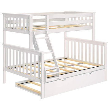 Twin Over Full Bunk Bed With Trundle, Slatted Headboard and Ladder, White