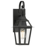 Savoy House - Jackson Black With Gold Highlighted 1-Light Outdoor Sconce, 7x18 - This Savoy House Jackson 1-light outdoor wall lantern is the perfect way to easily boost your home’s curb appeal. It is crafted in a classic, timeless style with boldly angled curves, eye-catching pierced metal detail and a dramatic shepherd’s hook. Panes of clear glass ensure a bright, beautiful glow and a generously sized backplate will help to cover any holes left from replacing previous fixtures. Jackson is finished in black with gold highlights to go well with anything and add a touch of glamour. Use this lantern beside your front and side doors or above your garage door. This fixture is 7" wide and 17.5" tall. It extends 7.813" from the wall. Uses a standard size bulb of up to 60 watts (not included).