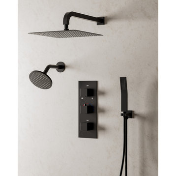 Thermostatic Ceiling Mount Rainfall Dual Shower Shower System With Valve, Matte Black, 12" & 6"