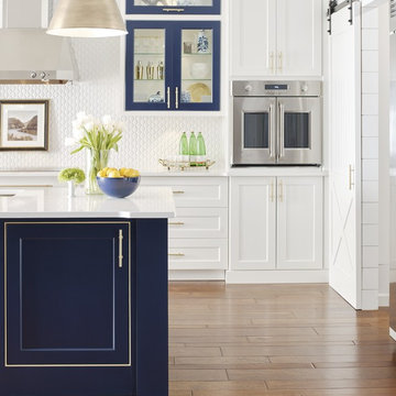 White Kitchen with Striking Blue Island