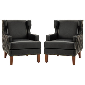 Mid-century Modern Style Vegan Leather Armchair with Squared Arms Set of 2, Black
