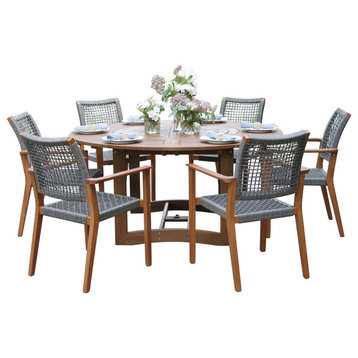 7-Piece Eucalyptus Lazy Susan Dining Set With 6 Stacking Rope Armchairs