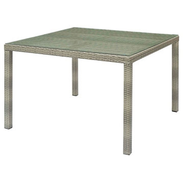 Modern Outdoor Lounge Dining Table, Rattan Wicker Glass, Light Gray