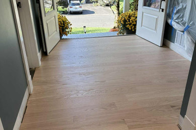 Small elegant light wood floor and brown floor entryway photo in Orlando with a white front door