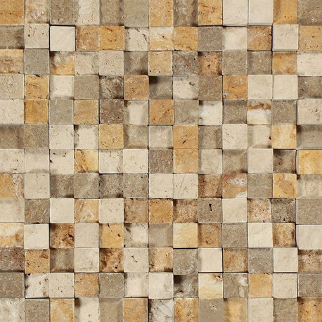 Mixed Travertine 3-D Mosaic (Ivory + Noce + ), 1 X 1 Split-Faced