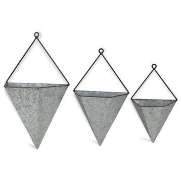 Galvanized Metal Wall Sconces, Triangular Hanger and Top Loop, 3-Piece Set