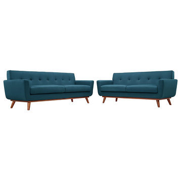 Contemporary Sofa and Loveseat Set, Fabric Cushioned Seat and Tufted Back, Azure