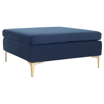 Contemporary Ottoman, Golden Metal Legs With Cushioned Velvet Seat, Navy/Brass