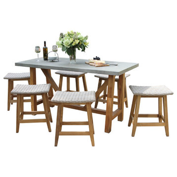 7-Piece Teak And Wicker Counter Height Dining Set, Grey Top/Saddle Stools