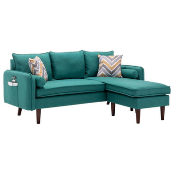 Mid Century Sectional Sofa, Padded Seat With Accent Pillows & USB Ports, Green