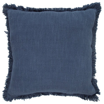 Unique Neutral Solid Cotton Throw Pillow with Fringe, Navy Blue, 20" X 20"